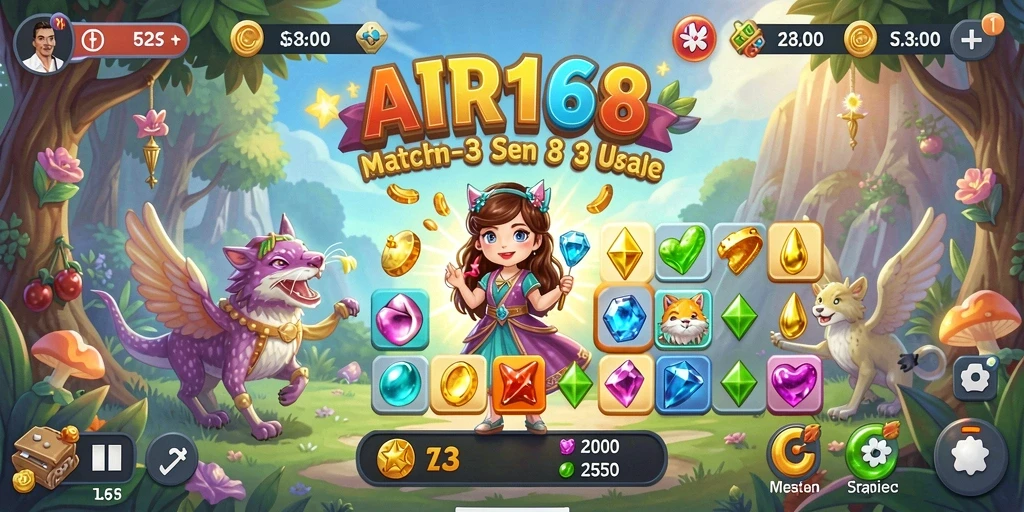 Tangkapan layar gameplay AIR168 dengan permata berwarna-warni yang seru.