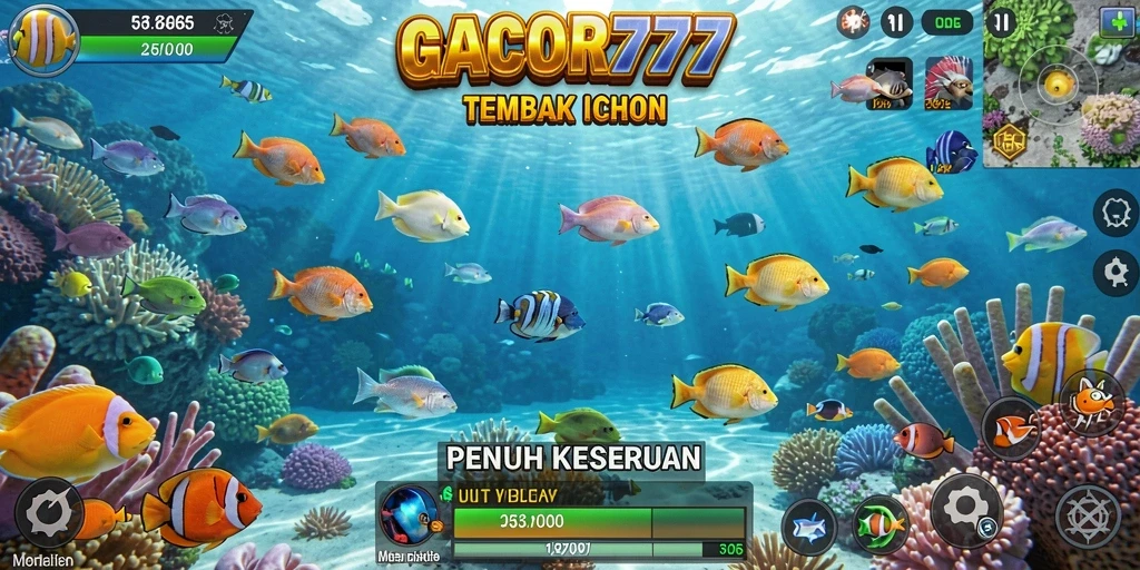 Tampilan gameplay seru saat menembak ikan-ikan di bawah laut.