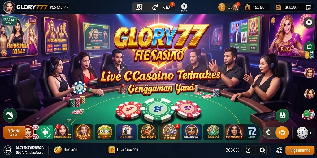 Screenshot gameplay GLORY777 menampilkan dealer dan meja permainan yang menarik.