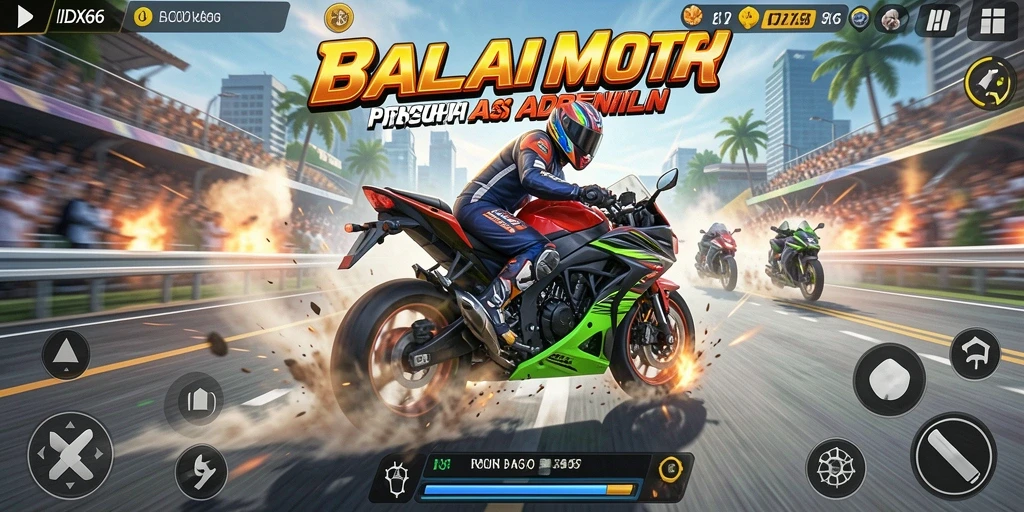 Screenshot utama IDX66 menampilkan aksi balapan motor yang mendebarkan.