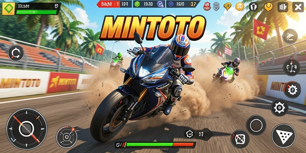 Tampilan gameplay seru dalam MINTOTO dengan balapan motor yang mendebarkan.