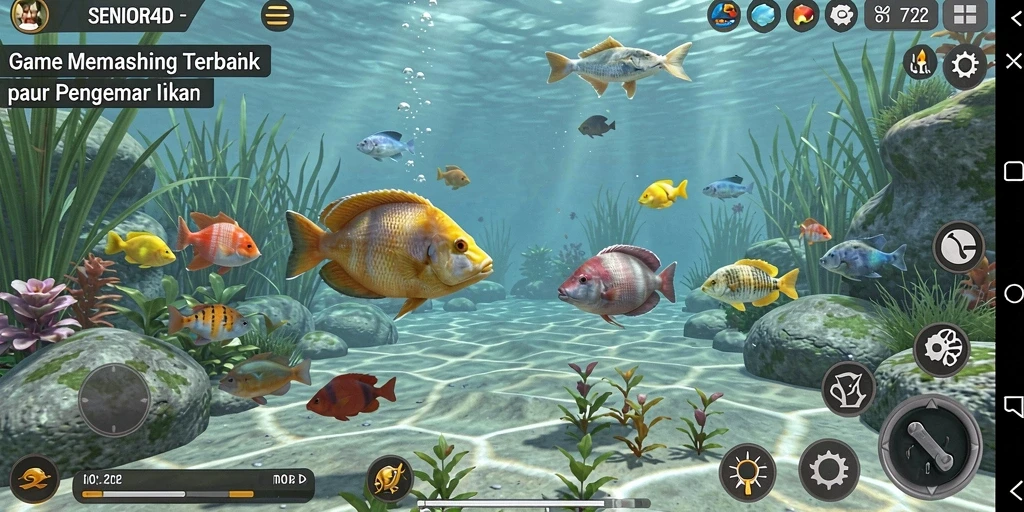 Tangkapan layar SENIOR4D menampilkan pemain yang menangkap ikan besar di lokasi yang cantik.